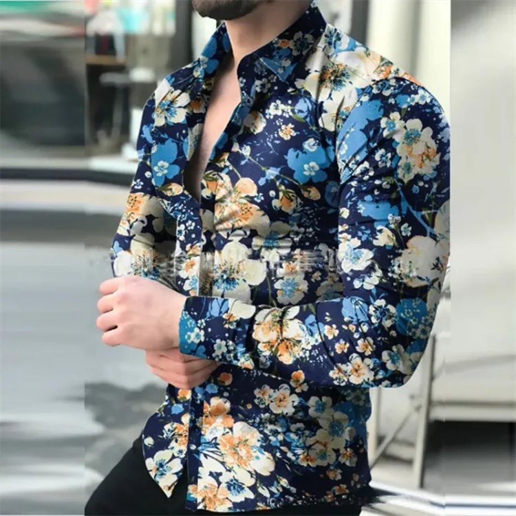 Kakacloud Men's fashionable long sleeve lapel graphic shirt, fashionable print, street style, suitable for spring and autumn casual wear