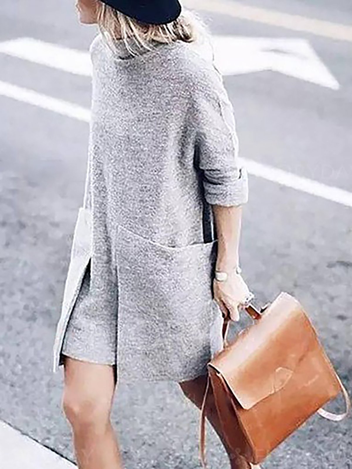 Turtle Neck Gray Women Fall Dress Shift Knitted Solid Dress