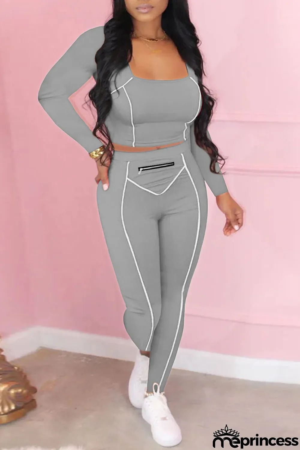 Tangerine Red Casual Solid Split Joint Zipper U Neck Long Sleeve Two Pieces