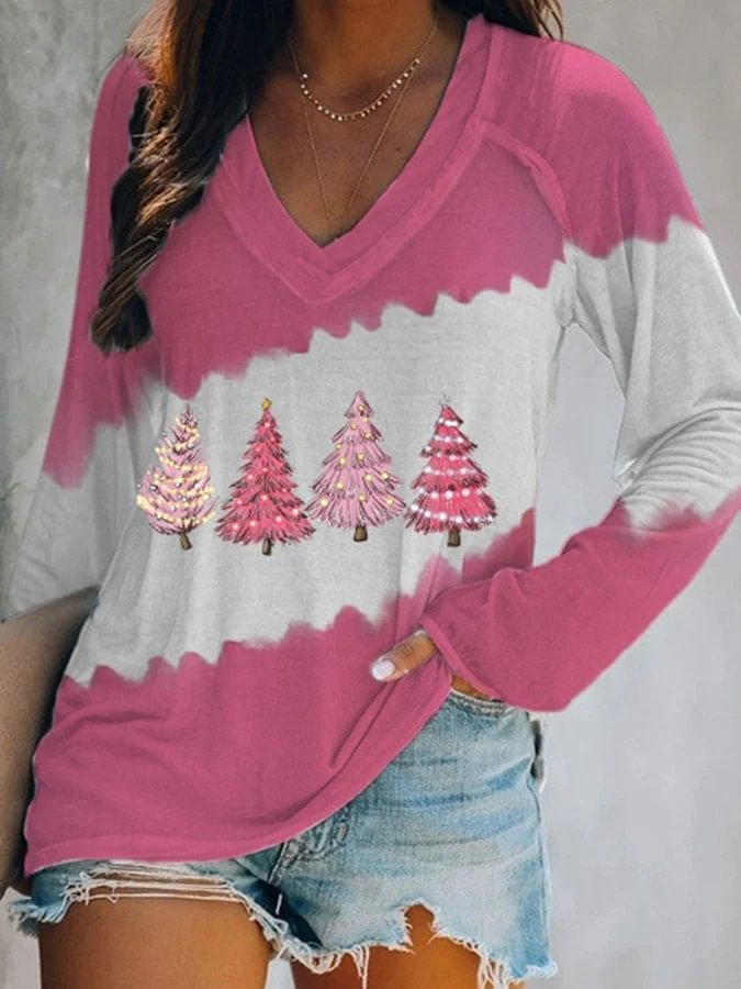 Pink Christmas Tree Print Women's T-shirt