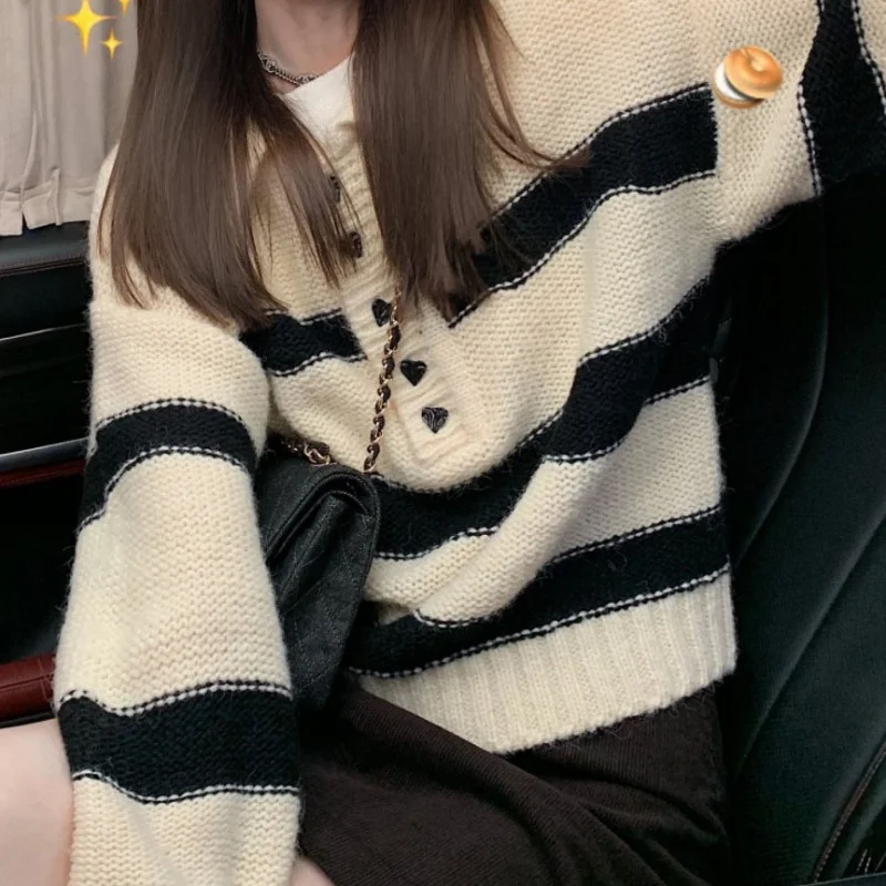 Toloer Toloer College Style Sweater Love Button Lapel Classic Black And White Striped Knit Loose Sweater Korean Female Top-Outfit Ideas
