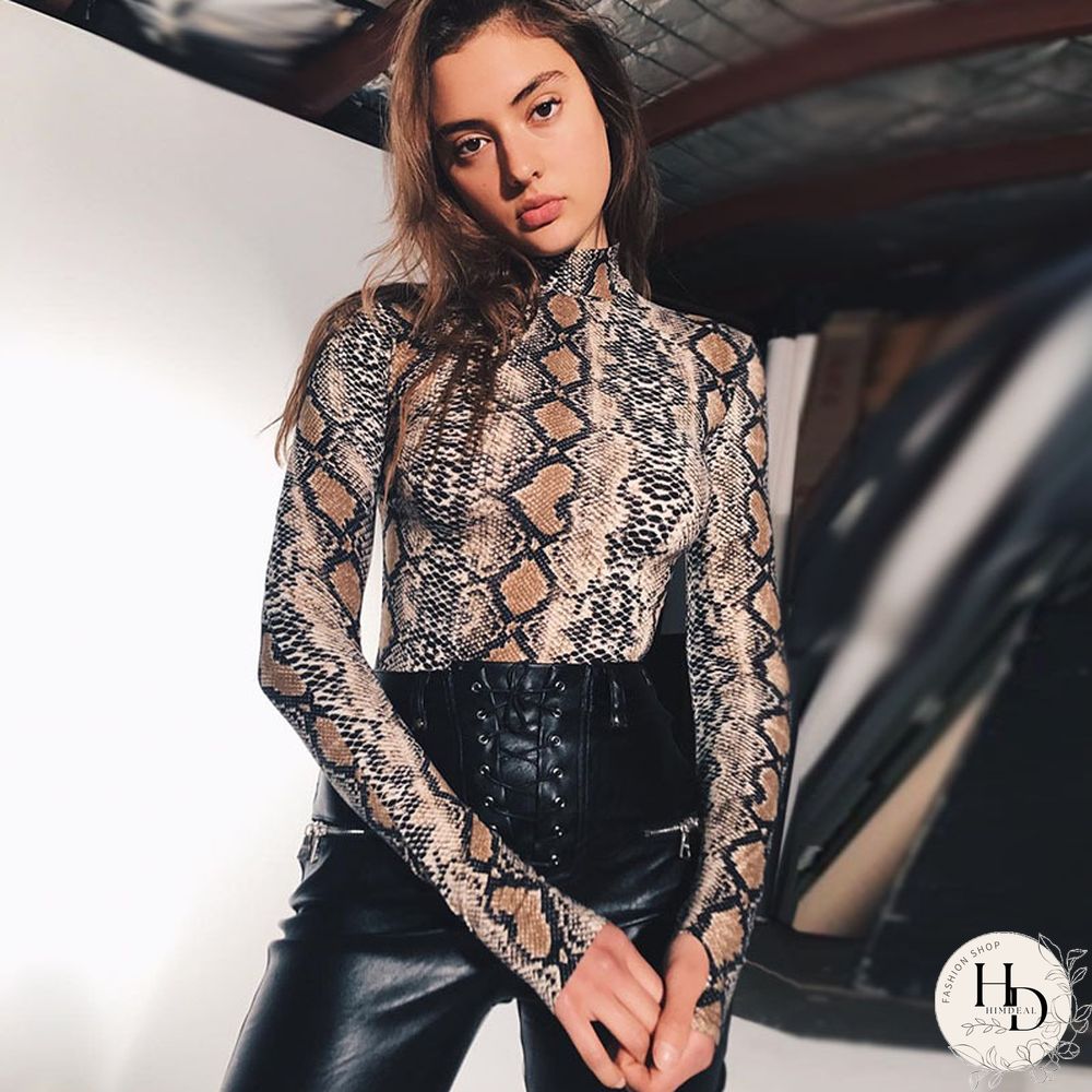 Snakeskin Bodysuits Mulheres Sexy Pele Cobra Alta Gola Manga Longa Python Moda Primavera
