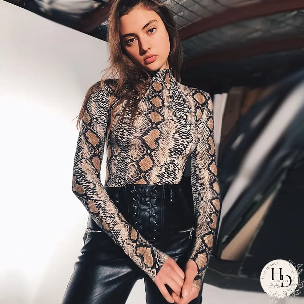 Snakeskin Bodysuits Mulheres Sexy Pele Cobra Alta Gola Manga Longa Python Moda Primavera