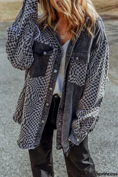 Plaid Snap Down Raw Hem Drawstring Hooded Jacket