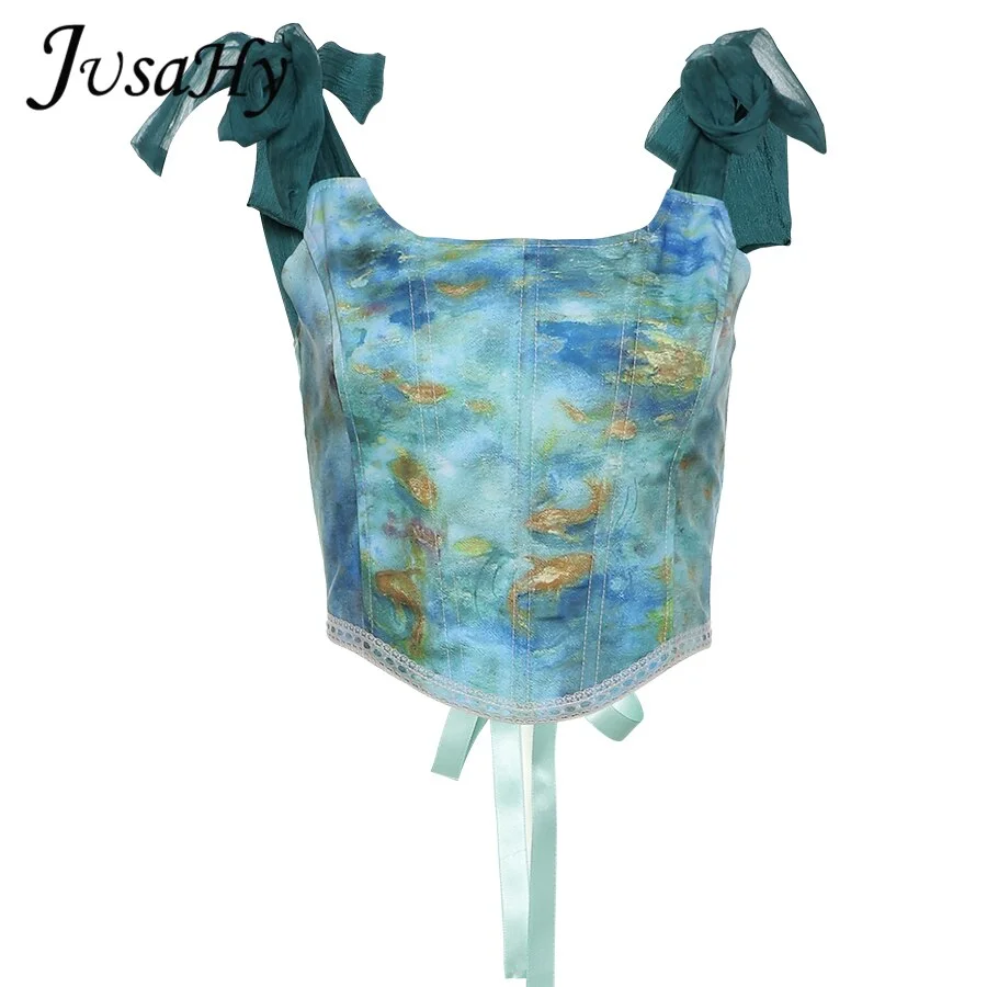 JusaHy Fairy Y2K Vintage Aesthetic Printed Lace Up Camisole Women Elegant BandageTank Top Skinny Party Clubwear Summer Trend