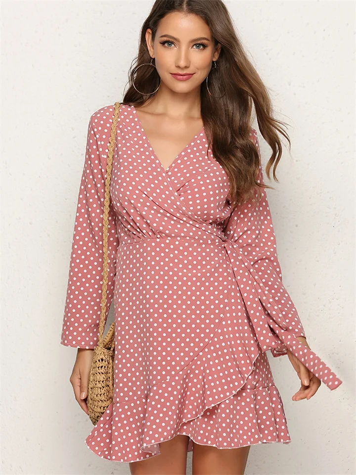 Explosive Summer Sexy Loose Waist Polka Dot V-neck Lace-up Ruffle Irregular Long-sleeved Sexy Wind Dresses S,M,L,XL,XXL-Cosfine