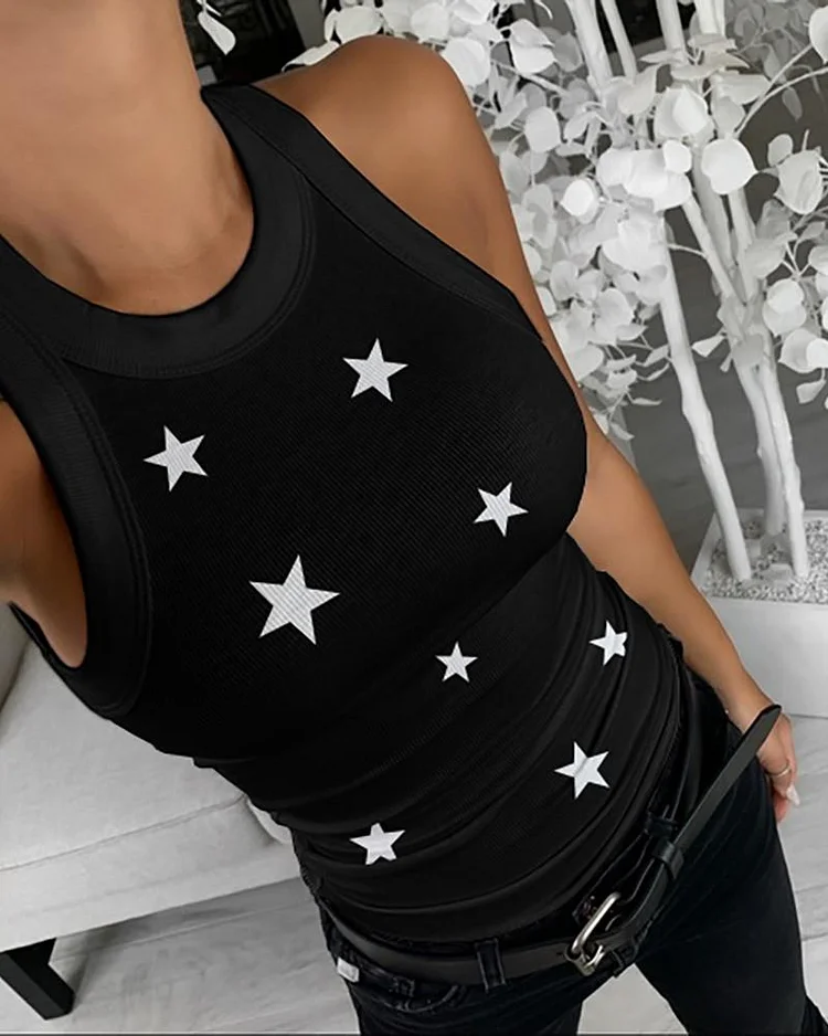 Star Print Sleeveless Casual Top