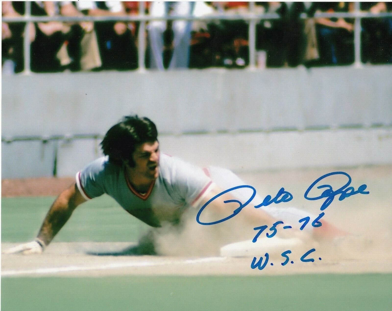 PETE ROSE CINCINNATI REDS 75-76 WS CHAMPS ACTION SIGNED 8x10