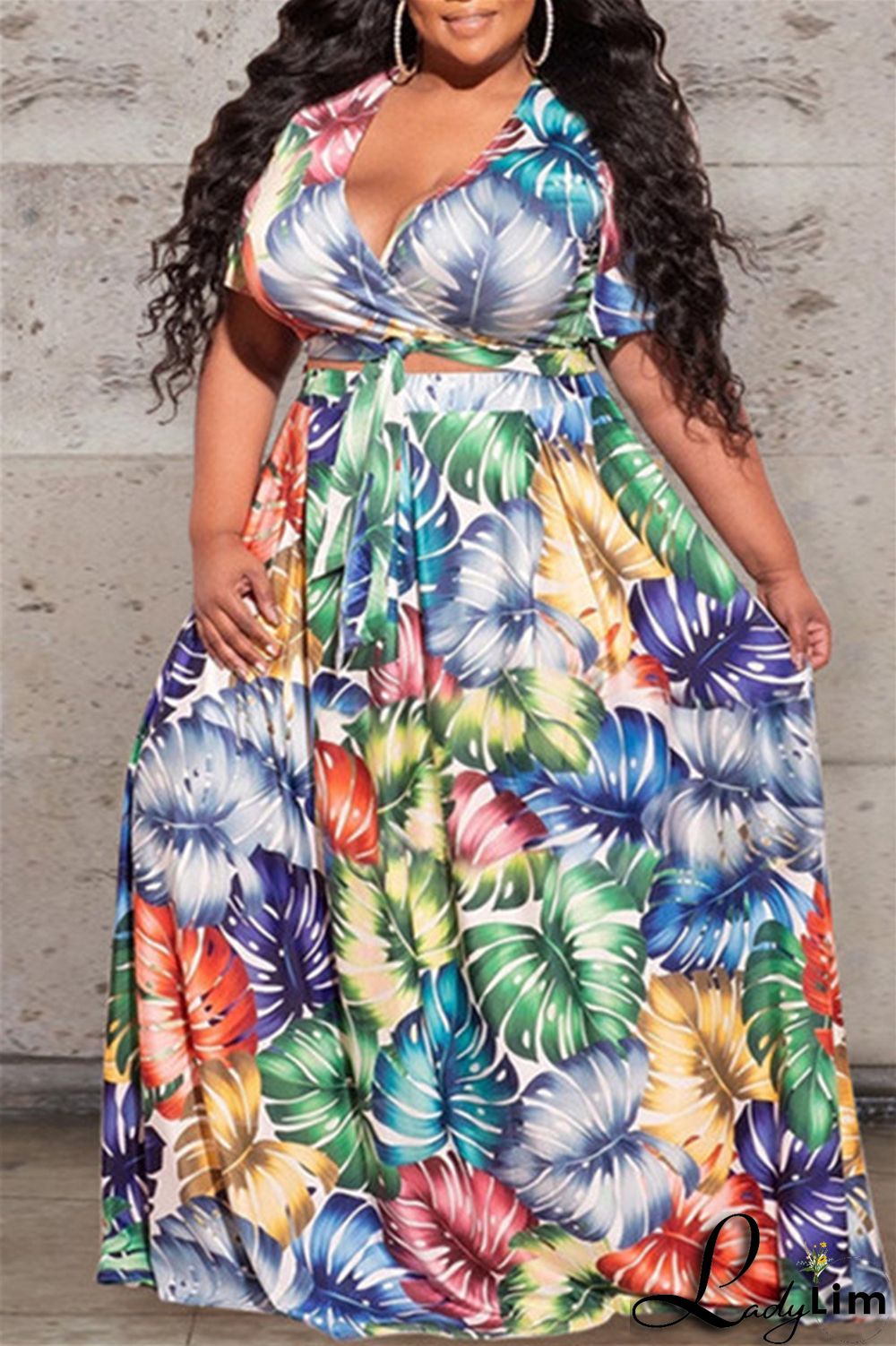 Earth Yellow Fashion Casual Print Bandage V Neck Plus Size Two Pieces