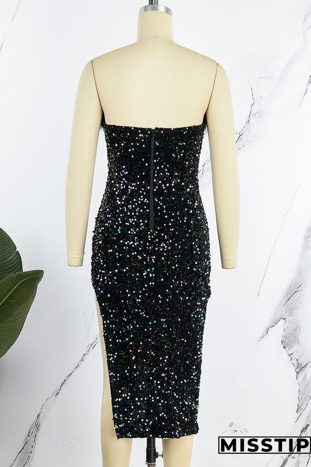 Blue Sexy Patchwork Sequins Backless Slit Strapless Irregular Dress Dresses