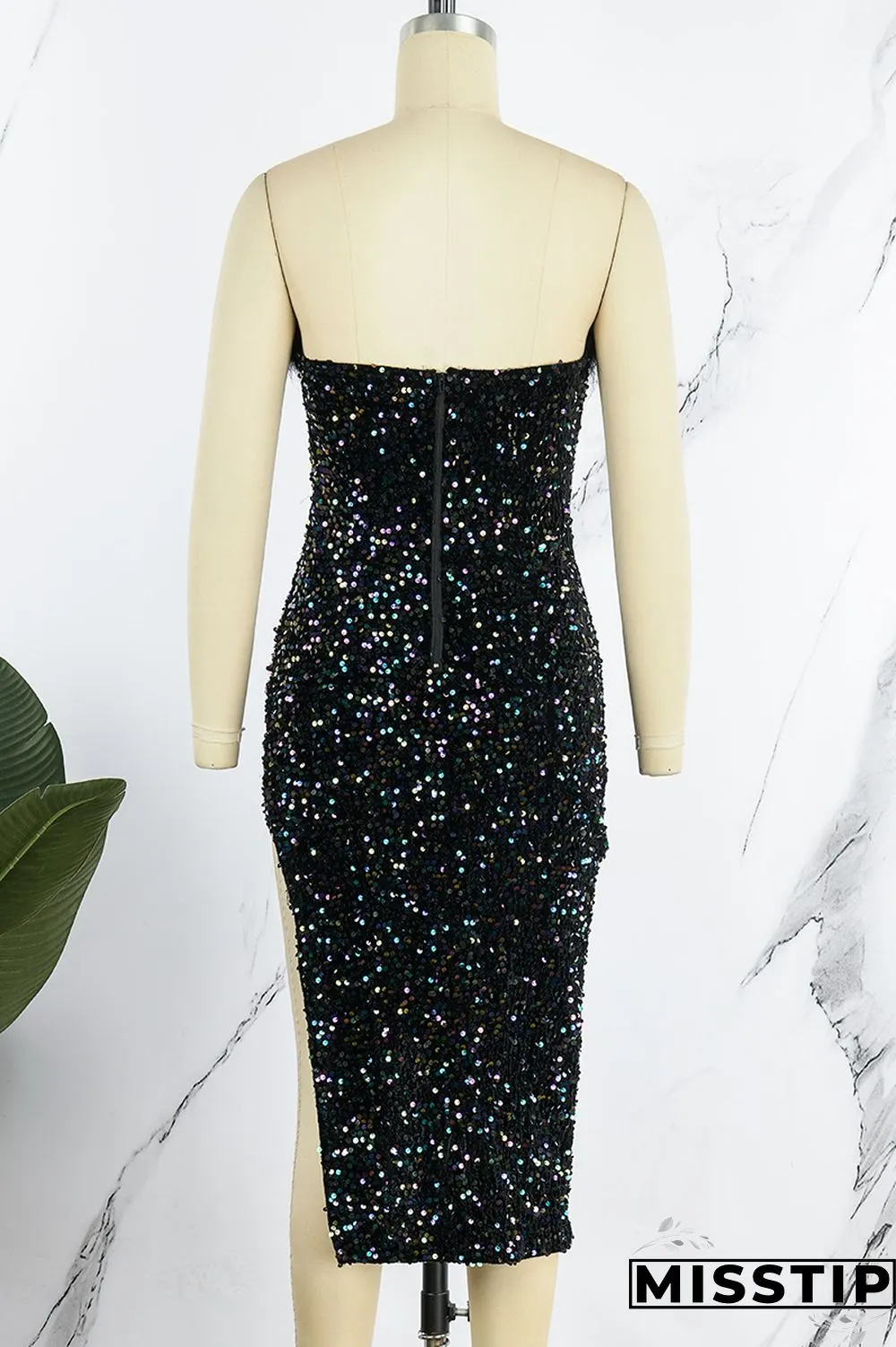Blue Sexy Patchwork Sequins Backless Slit Strapless Irregular Dress Dresses