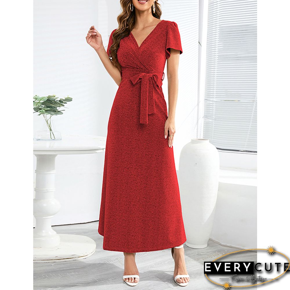 Red Cross Open Back V Neck Maxi Dress With Belt