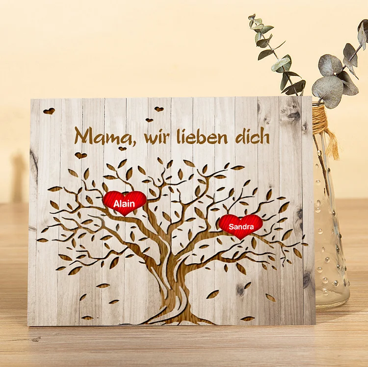 Holzrahmen - Personalisierter Text & 2 Namen Familienstammbaum Holzdekoration 