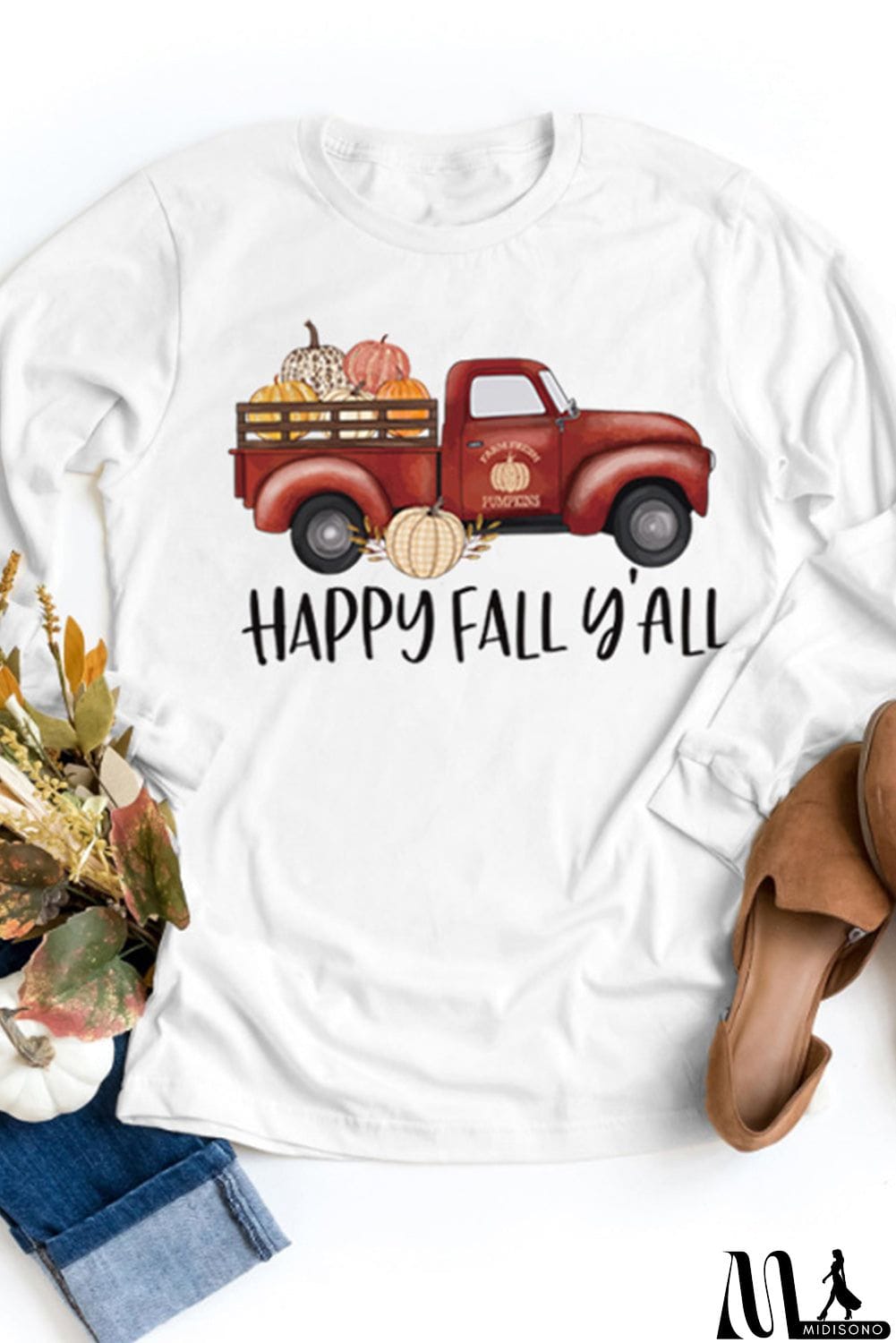 MidiSono - Happy Fall Pumpkin Truck Graphic Long Sleeve Shirt