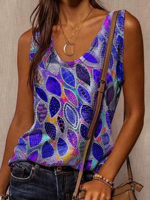 Women Sleeveless U-neck Floral Printed Printed Gradient