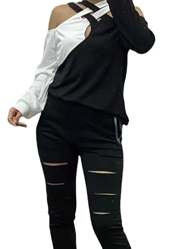 Uveng Uveng New Women's Casual Temperament Design Sense Of Color Open Shoulder Hanging Neck Long Sleeve Jacket