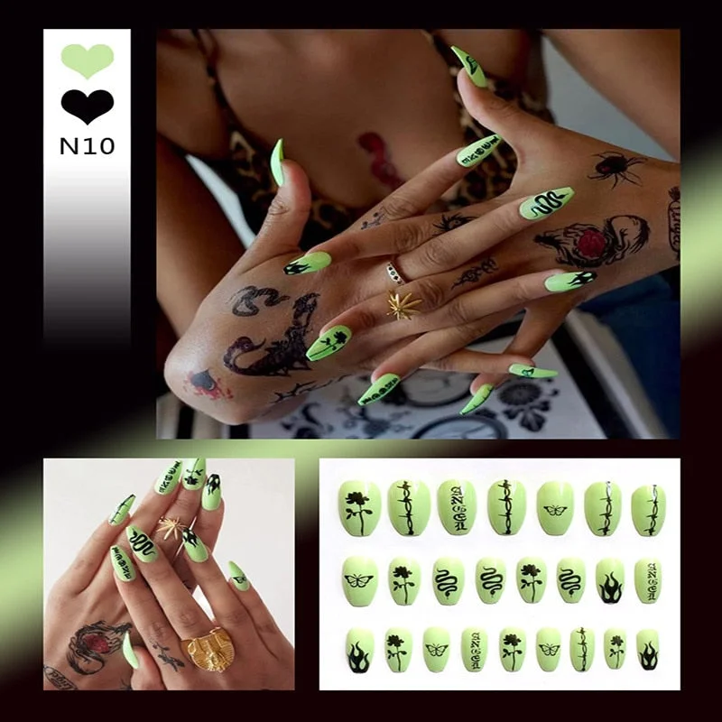 24pcs 4 Fire Patterns Design Cool Girls Hand Decorative False Nails with Glue Full Cover Detachable false nails with designs-Nail Inspo