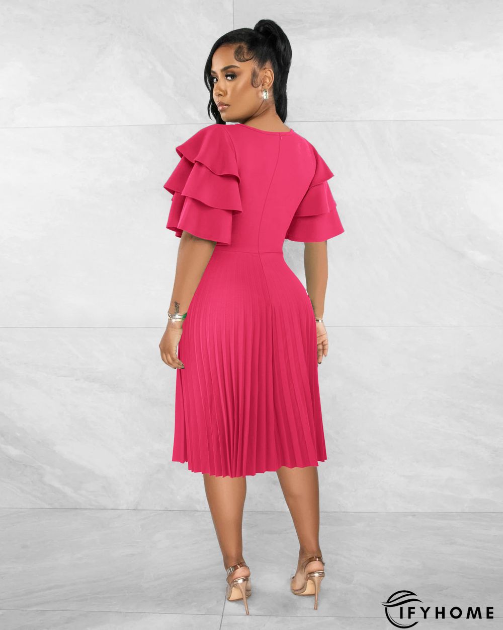 Round Neck Ruffle Short Sleeve Pressed Pleated Dress | IFYHOME
