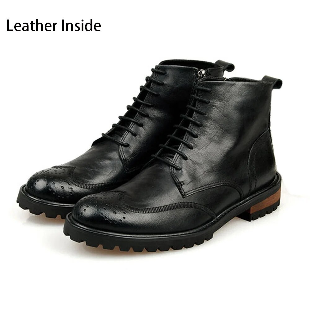 VCSHOES Men's Shoes Ankle Leather Boots Men Fur/Leather Inside Warm Boots For Men Motorcycle Botas