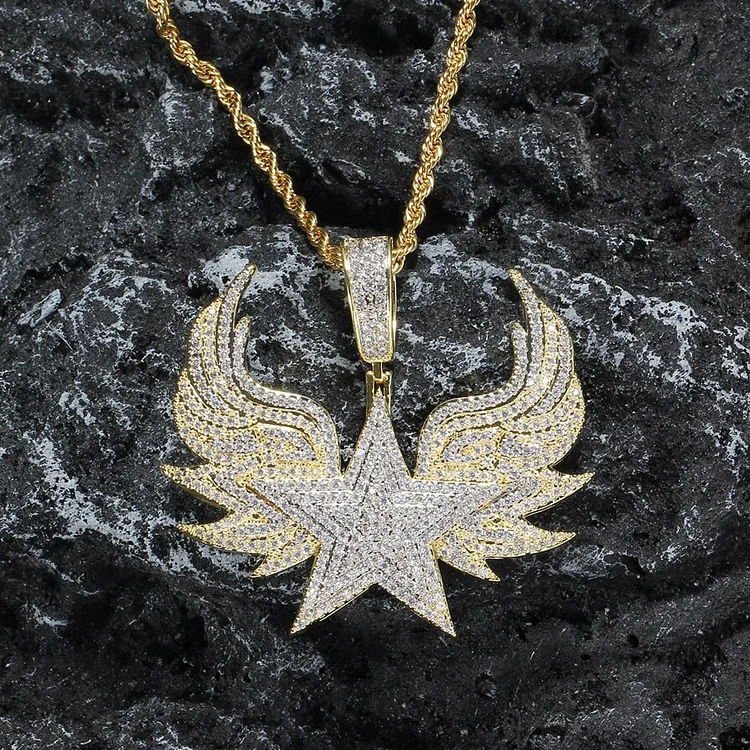 Bling Stars Wings Pendant Hip Hop Necklace With Chain Cubic Zirconia Jewelry-VESSFUL