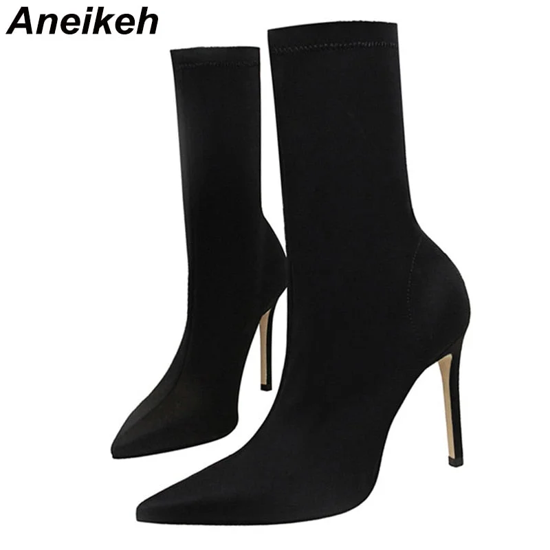 Aneikeh Slim Stretch Ankle Boots for Women Pointed Toe Sock Boots Square High Heel Boots Shoes Woman Fashion Bota Feminina 41