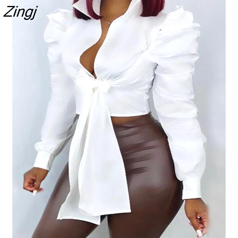 Zingj Spring Summer Buttoned Puff Sleeve Tied Detail Top Women Solid White Turn Down Collar Long Sleeve Sexy T-Shirts Female Ropa