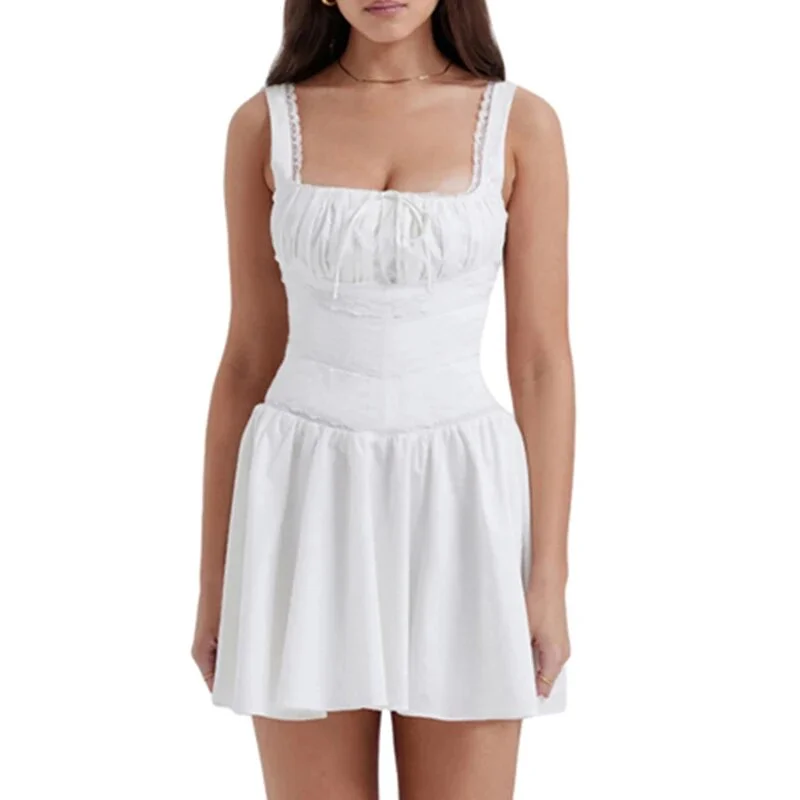Uveng Corset Dress Women Solid Color Lace Trim Square Collar Spaghetti Strap Sleeveless A Line Mini Dress y2k Dresses Clubwear