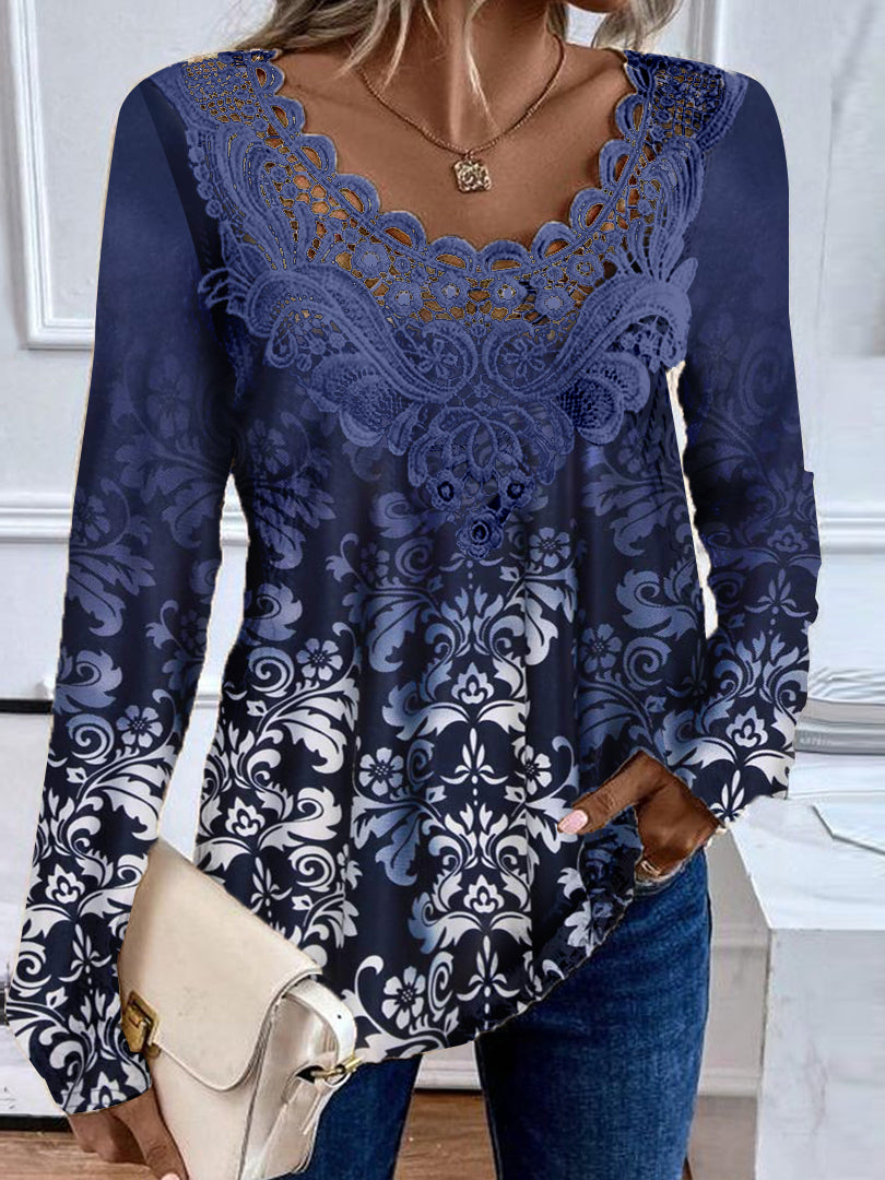 Women's Long Sleeve Scoop Neck Graphic Lace Floral Printed Top