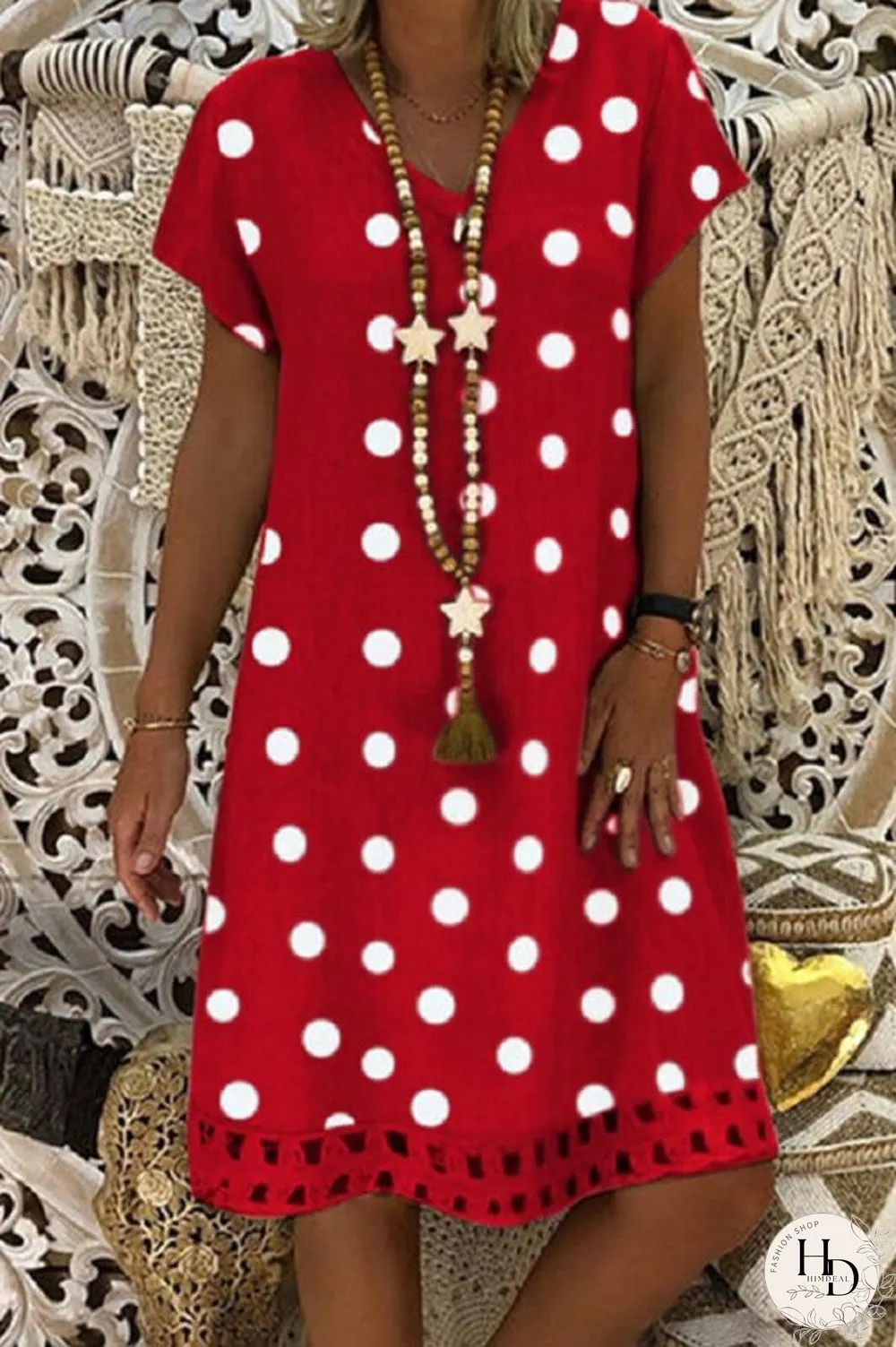 Fashion Casual V Neck Polka Dot Dress