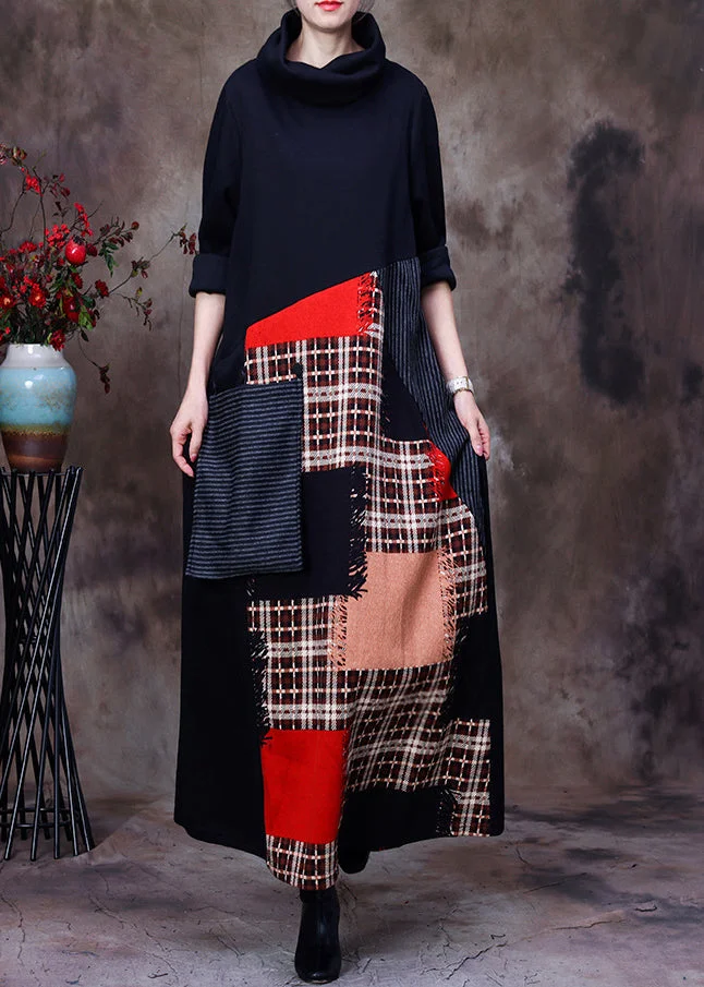 Art Red Turtleneck Patchwork Pockets Woolen Maxi Dress Long Sleeve