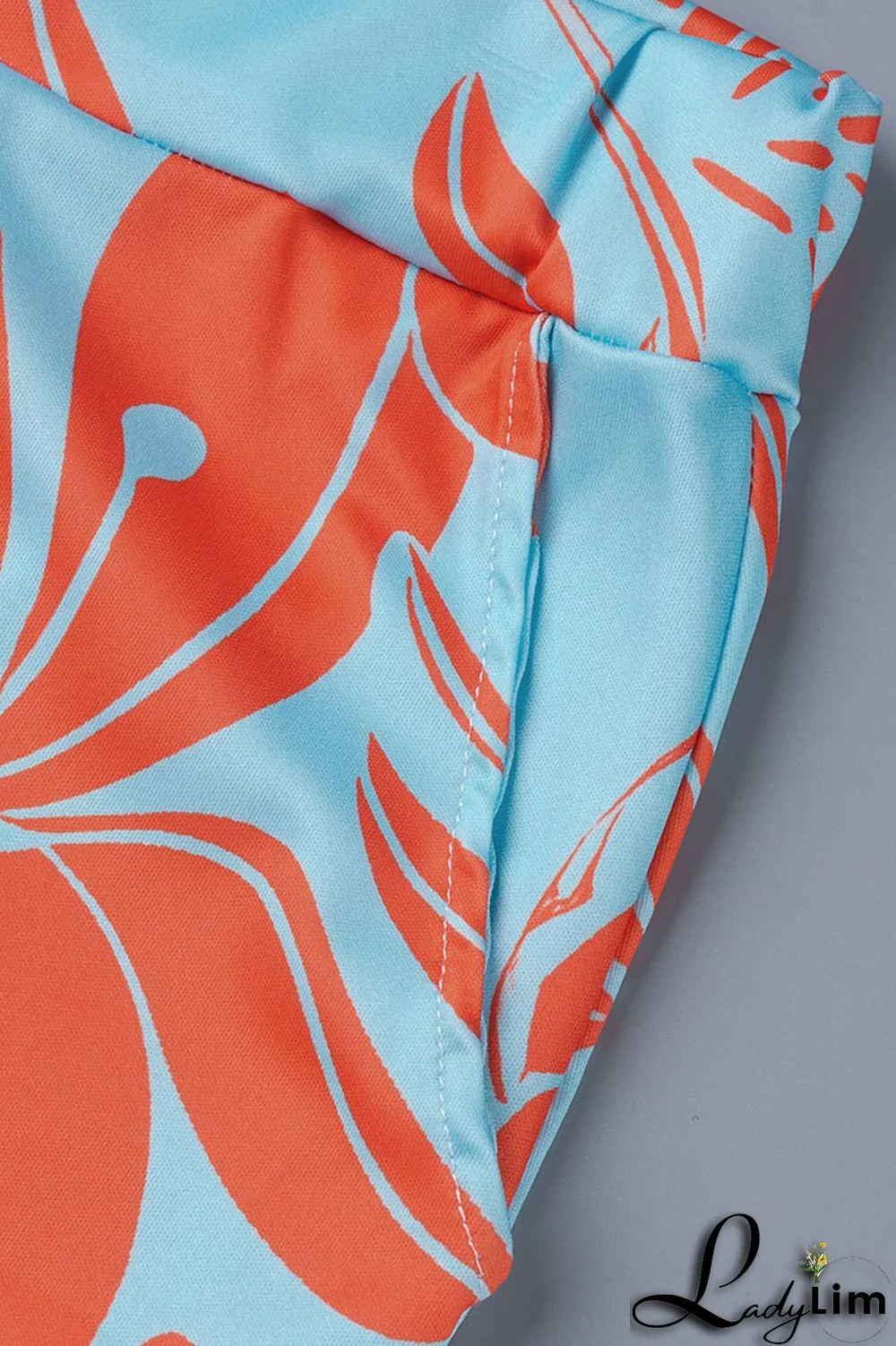 Light Blue Fashion Casual Print Patchwork Backless Off the Shoulder Short Sleeve Two Pieces