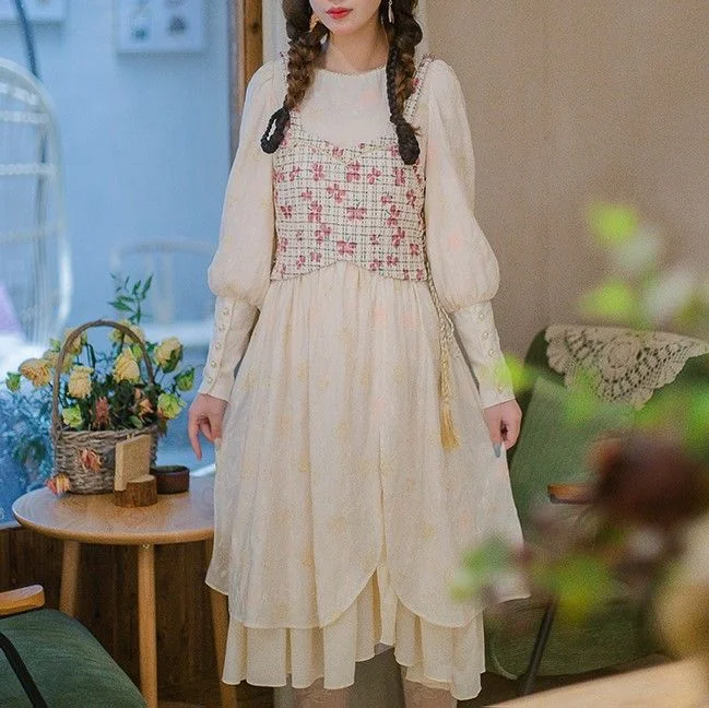Cottagcore Long-Sleeve Floral Embroidered Midi Dress / Camisole Top YP2407