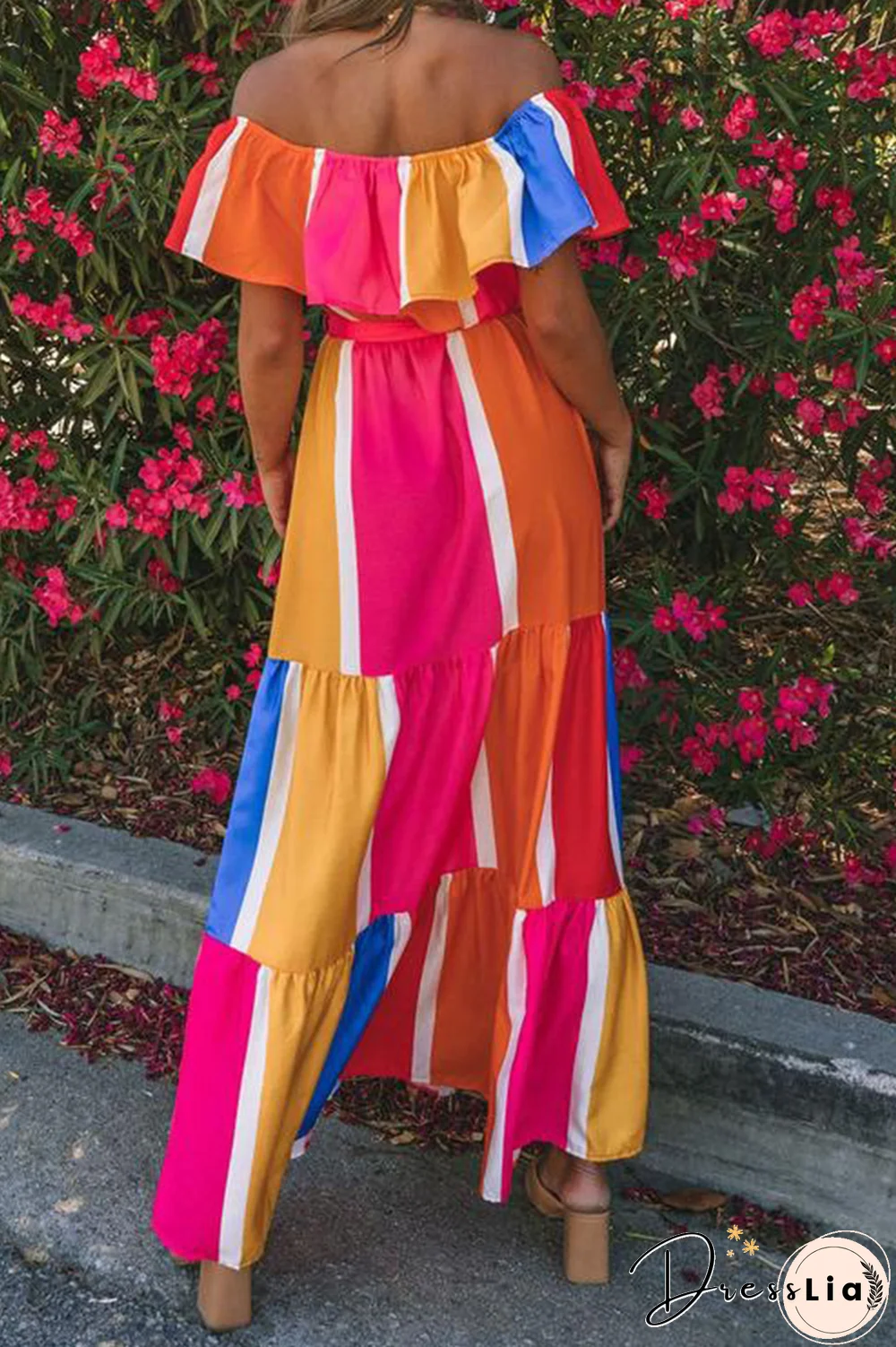 Casual Striped Split Joint Off The Shoulder Cake Skirt Dresses