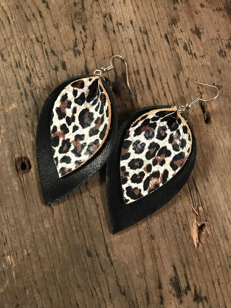 Black and Leopard Leather Earrings