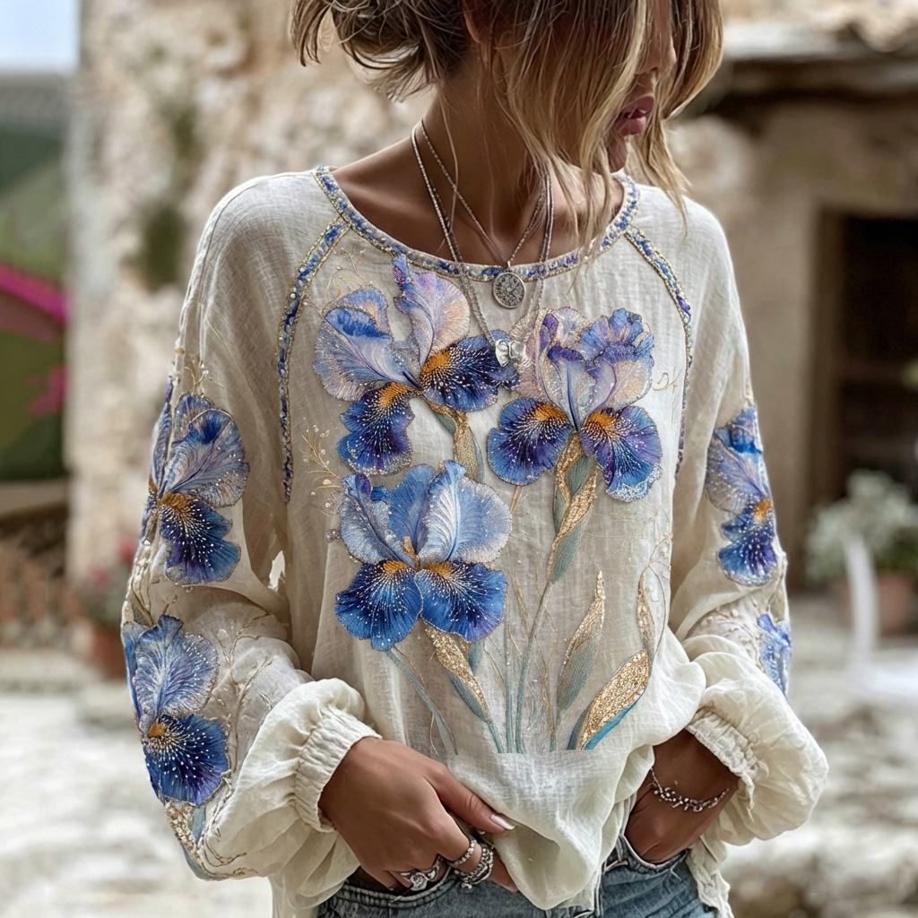 Women's Iris Art Pattern Crew Neck Linen Blend Casual T-shirt elevenforest
