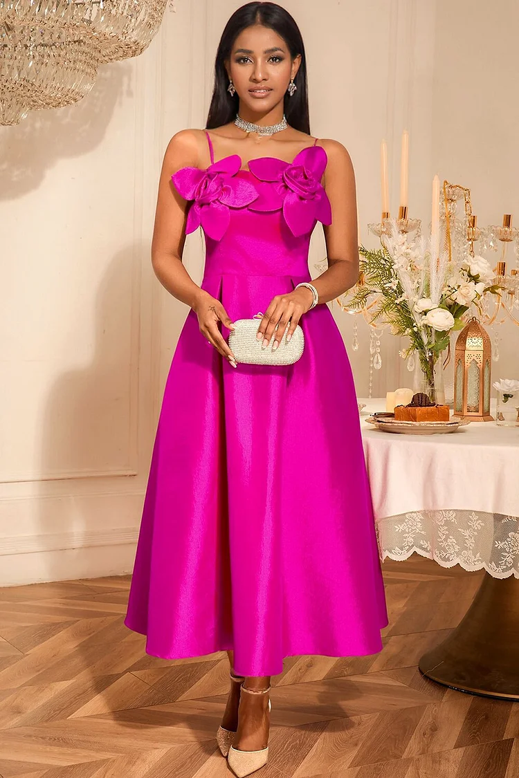 3D Flower Decor Cinch Waist Gowns Strappy Midi Dresses-Fuchsia