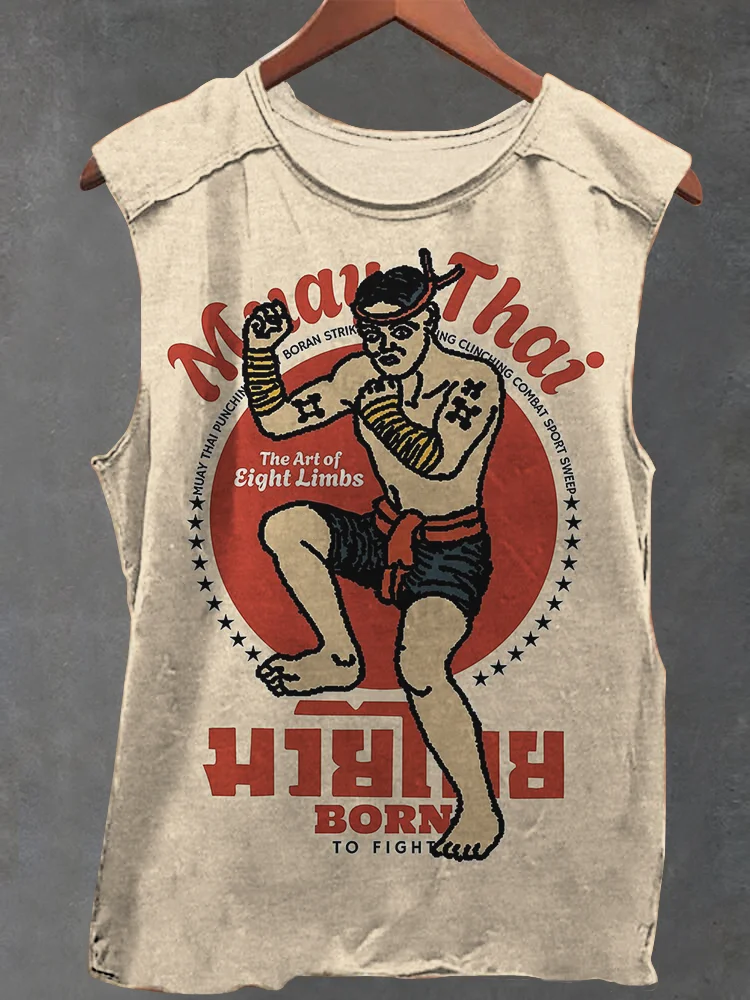 Men's Retro Muay Thai Illustration Print Workout Tank Top