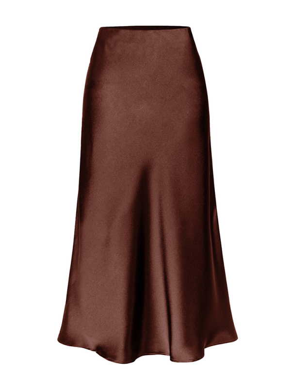 Mature Women Satin High Waist Solid Color Split Midi Skirt