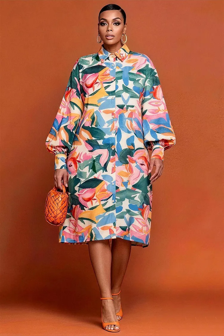 Xpluswear Design Plus Size Business Casual Multicolor All Over Print Shirt Collar Long Sleeve Midi Dresses [Pre-Order] 2024 - Xpluswear