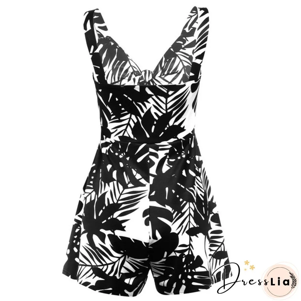 Womens Straps Chest Bow Tie Printed Loose Romper Dress Jumpsuit Shorts Off Shoulder Slim Beauty Beach Dress Shorts Strap Playsuit