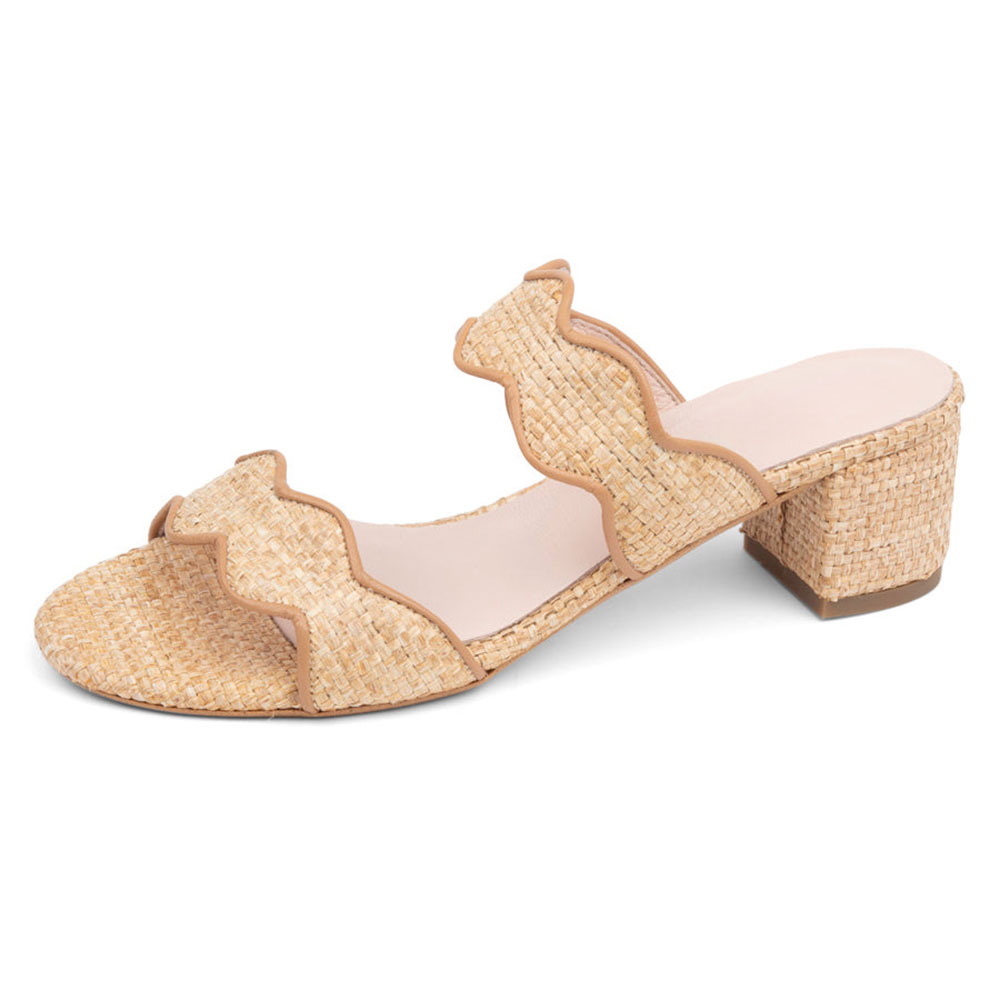 Women's Round Toe Mid Block Heel Nude Classic Raffia Sandals Nicepairs