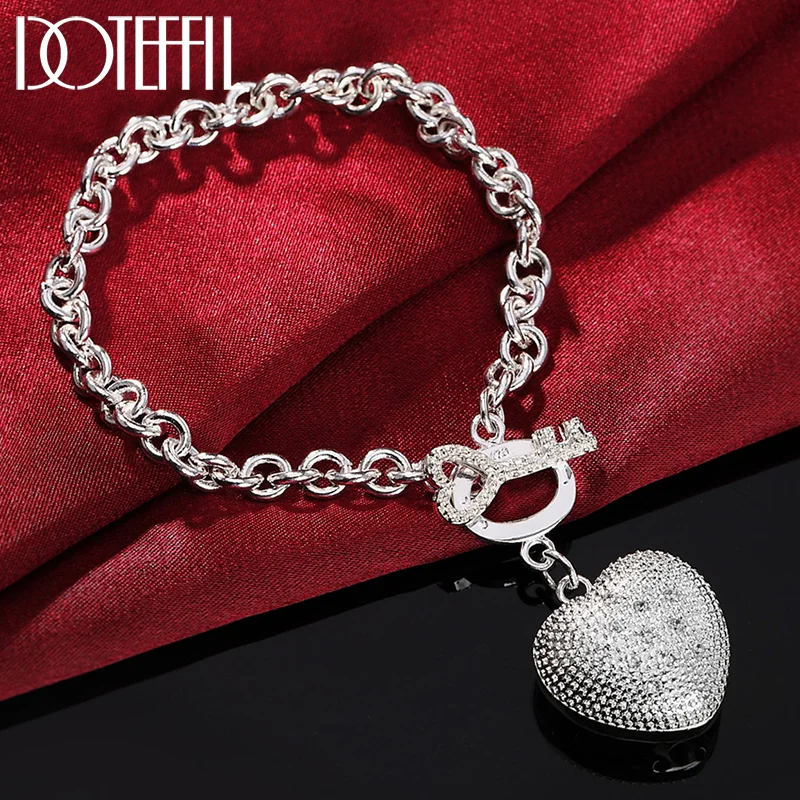 DOTEFFIL 925 Sterling Silver Zircon Heart Key Bracelet For Women Jewelry