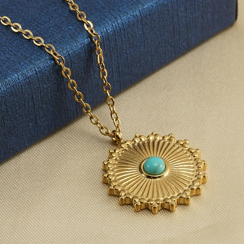 Retro Round 304 Stainless Steel Turquoise 18K Gold Plated Inlay Stainless Steel Necklaces