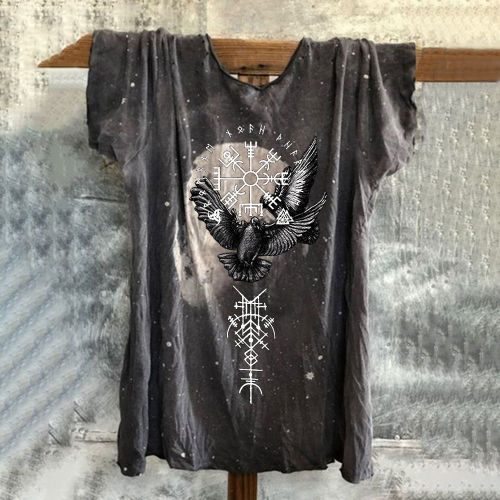 Vintage Bird Viking Moon Print T-Shirt