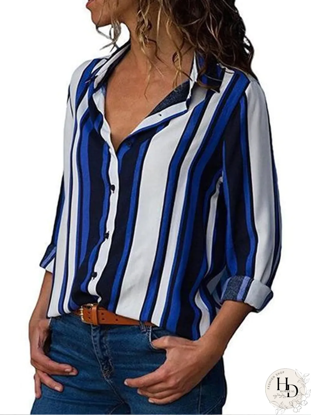 Women Color Block Striped Shirt Elegant Casual Long Sleeve Blouse