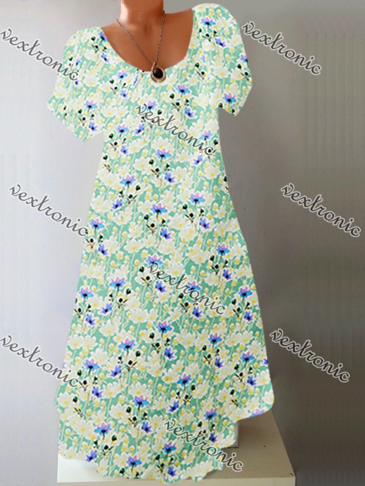 Women's Short Sleeve Scoop Neck Green Floral Printed Midi Dress