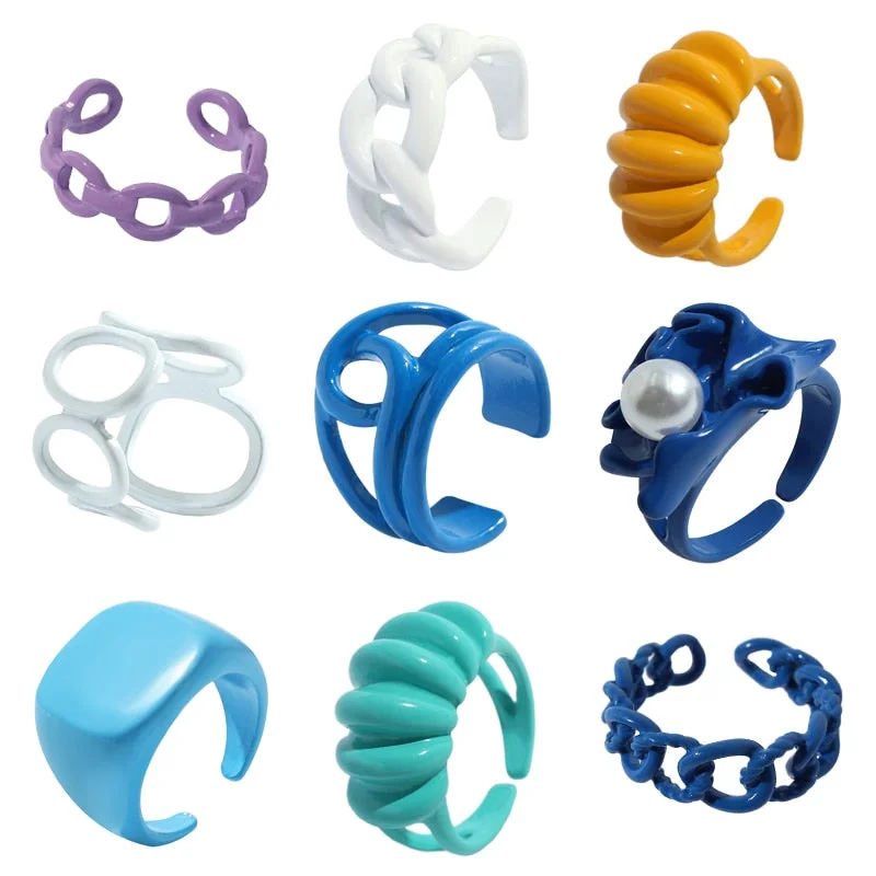 Dvacaman 2021 New Trendy Colorful Dripping Oil Resin Rhinestone Geometric Rings Hand-Painted Open Rings for Women Party Jewelry