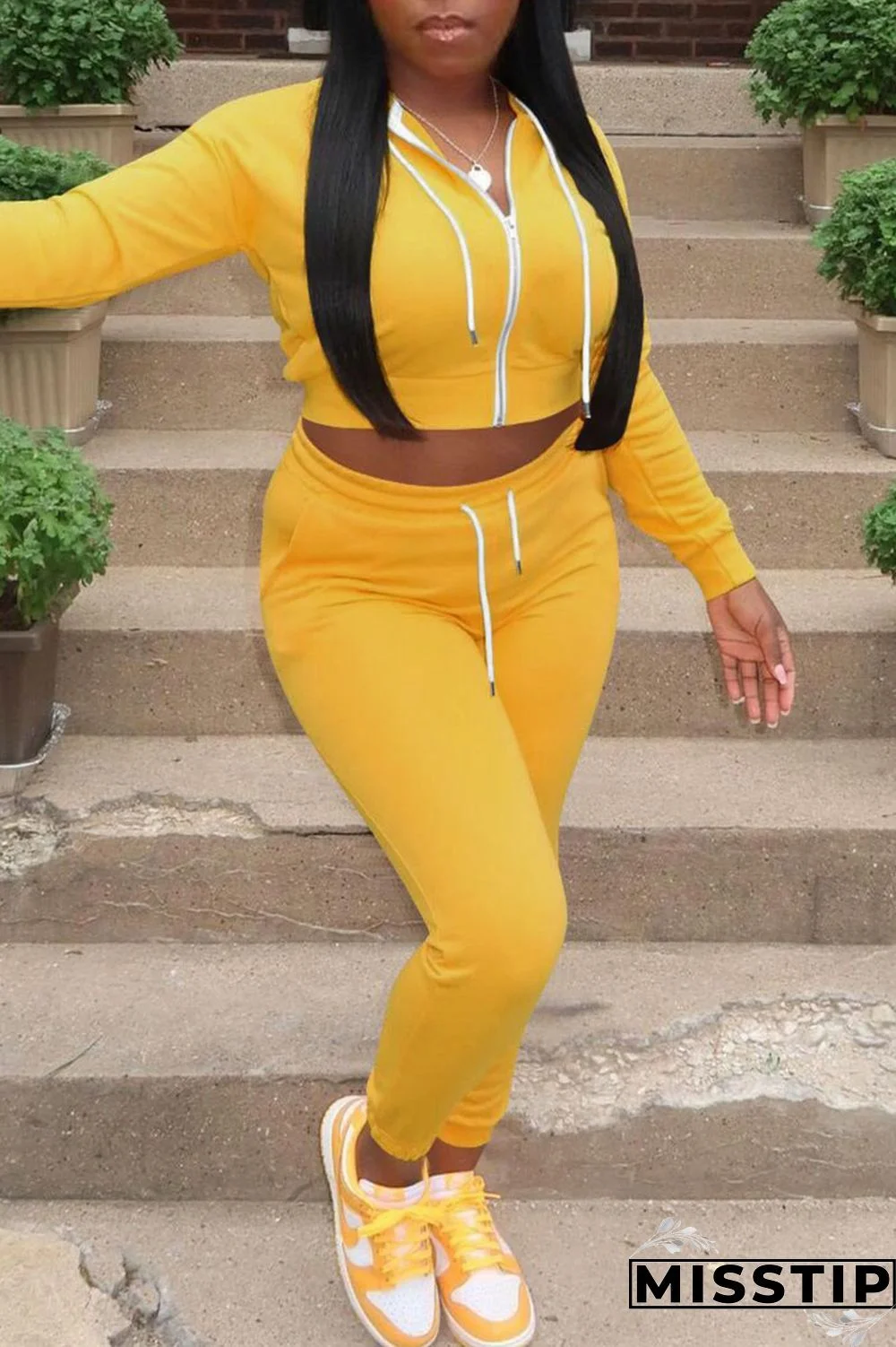 Yellow Casual Solid Patchwork Zipper Hooded Collar Long Sleeve Two Pieces