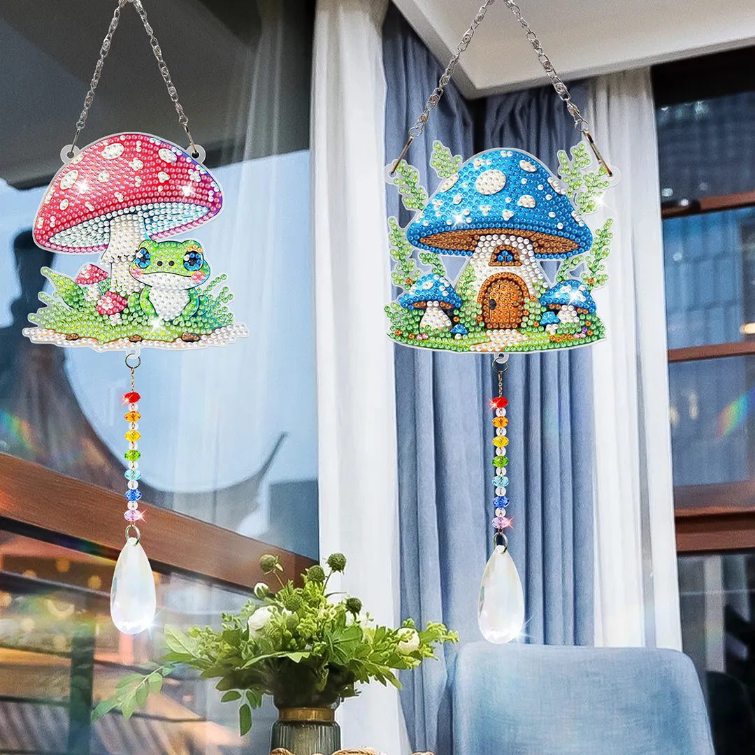 2Pcs Mushroom House DIY Double-Sided Diamond Painting Hanging Kits Diamond Painting Suncatcher Craft Kit for Home Garden Wall Decor Gift