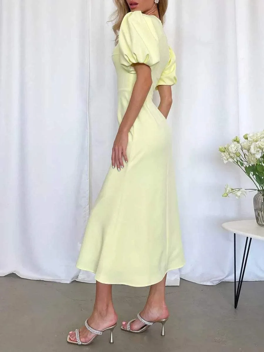 Simple High Waist Puff Sleeve Midi Dress
